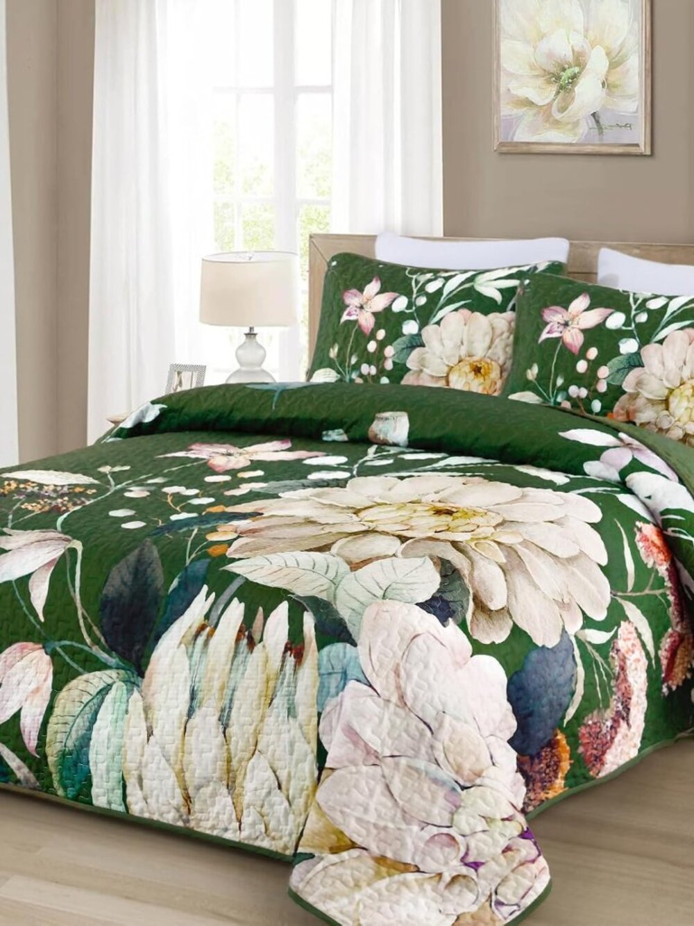 Floral Quilt Queen Size - 3 Pieces Green Quilt Botanical Bedspread | Soft Microf - Picture 3 of 8